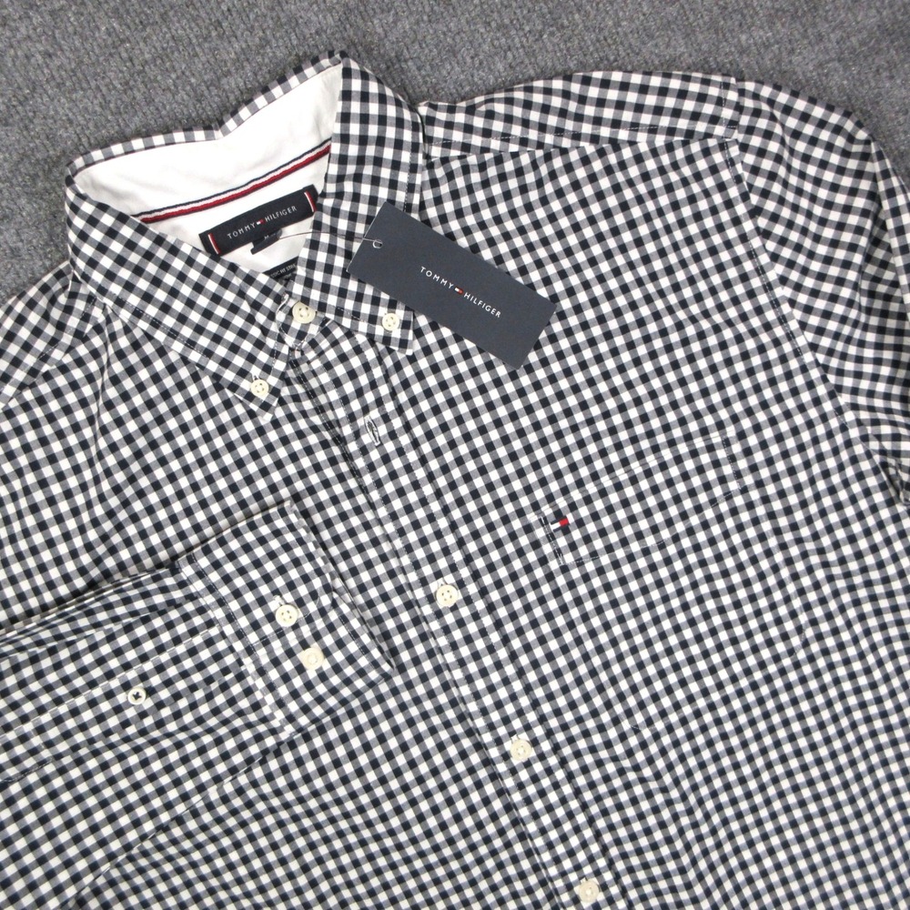 Tommy Hilfiger Shirt Mens Medium Black Gingham Check Stretch Long Sleeve Preppy